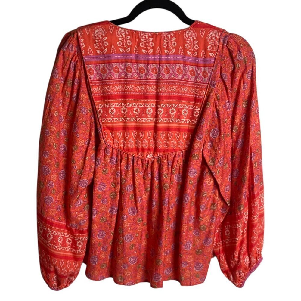 Lucky Brand Size Xs Lace Up Border Print Peasant Blouse Orange Foral Prairie - Picture 6 of 9